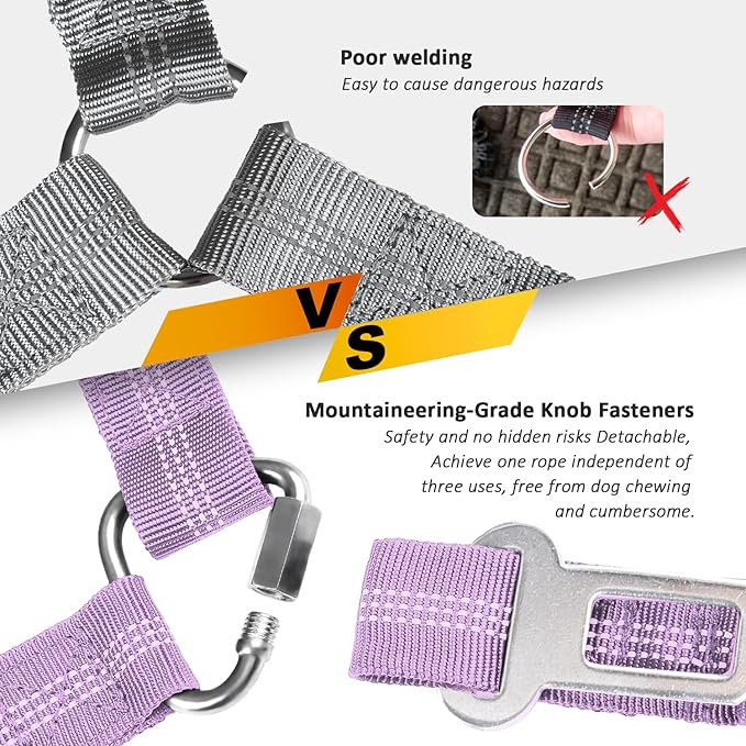 Removable Dog Seat Belt Harness for Car, 3 in 1 Pet Dog Car Seatbelt Leash, Retractable Restraint Secures to Vehicle Headrest & Adjustable Reflective Bungee Dog Seatbelt Tether, Purple