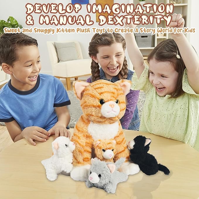 5 Pieces Cat Stuffed Animal Plush with Babies Inside, Mommy Stuffed Orange Tabby Cat with 4 Kittens Stuffed Animal, Kitty Cats Plushies Toys Pillow Plush for Kids Boys Girls Birthday Christmas Party