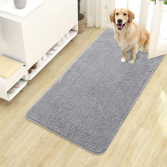 OLANLY Dog Door Mat for Muddy Paws 40x24, Absorbs Moisture and Dirt, Absorbent Non-Slip Washable Doormat, Quick Dry Chenille Mud Mat for Dogs, Entry Indoor Entryway Carpet for Inside Floor, Light Grey