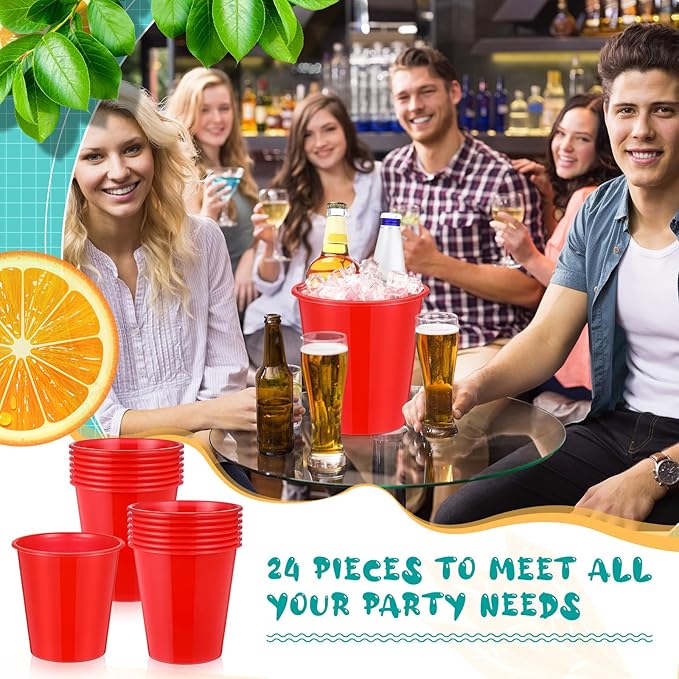 Layhit 24 Packs Plastic Ice Buckets for Parties 3 Liters Wine Bucket Portable Ice Holder for Party Disposable Wine Cooler for Wedding Party Beverage Champagne Soda and Beer(Red)