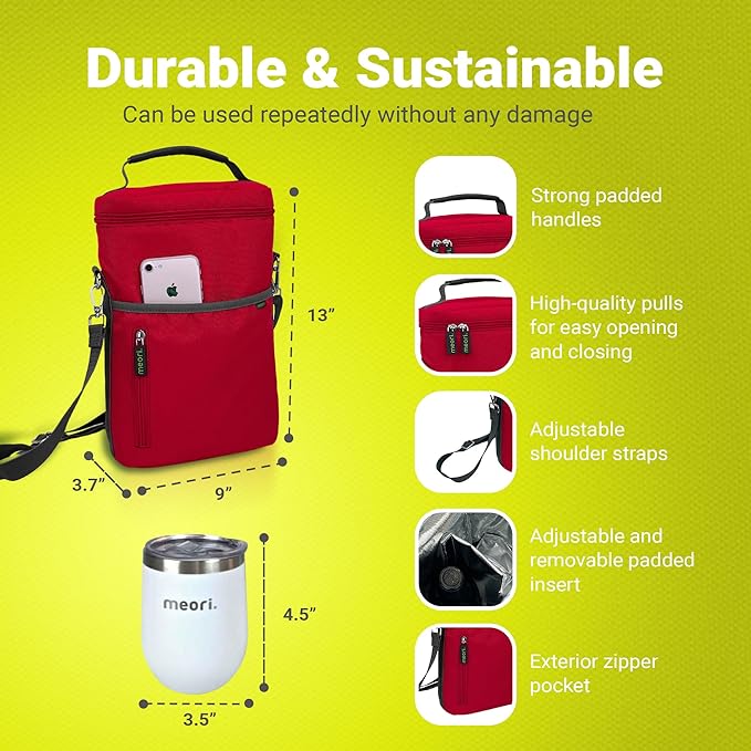 meori 2-Bottle Insulated Wine Tote + Tumbler Set with Lids Bundle Gifts for Wine Lover Women | Hibiscus Red