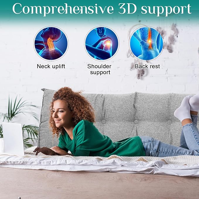 Wenqik Wedge Pillow Triangular Dorm Headboard Bed Rest Reading Backrest Back Support Long Bolster Pillow with Removable Cover for Dorm Room Supplies(Gray,Queen (59 x 20 x 8 Inch))