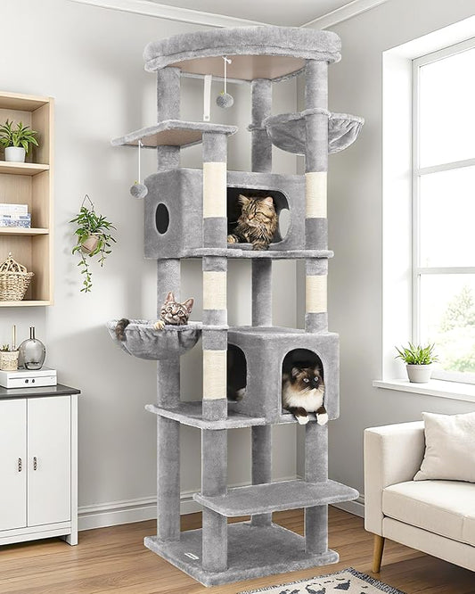 Globlazer Heavy Duty Cat Tree, 74in Sturdy Cat Tower for Large Cats Adult, Big Cat Tree with 5 Sisal Scratching Posts, 2 Padded Condos, 2 Dual-Ear Hanging Baskets, Enlarged Top Perch, S74, Light Grey