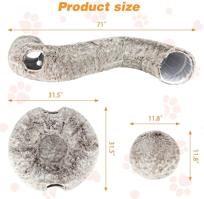 Plush Cat Tunnel Bed for Indoor Cats, Collapsible Cat Donut Tunnel with Central Mat, Fluffy Cats Cave Tube with Hanging Ball for Kitten Rabbit Puppy Ferret, Coffee