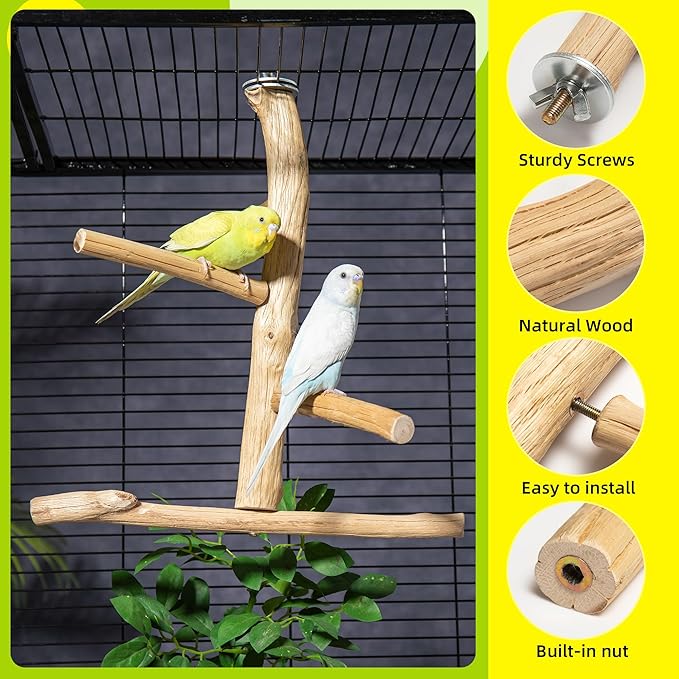 Natural Wood Bird Perch & Play Stand for Parakeets/Cockatiels - Multi-Level Cage Accessory with Training Branch