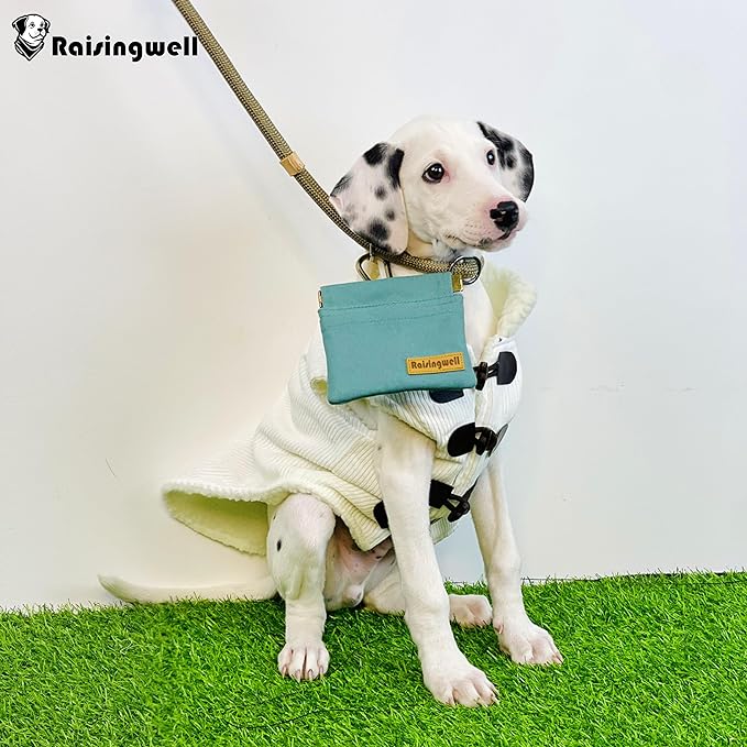 Dog Treat Pouch, Green Pocket Sized Pet Training Pouch, Cotton Fabric, Hand Free Dog Walking Bag with Carabiner, Self-Closing Pet Feed Snack Reward, for Puppy Travel or Outdoor Use