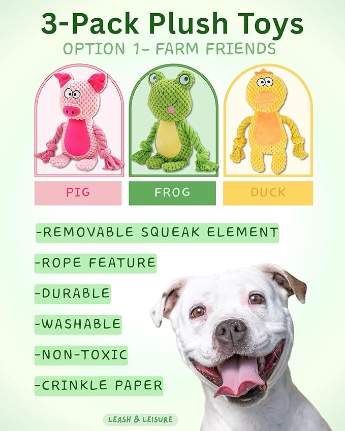 Plush Dog Toys, 3-Pack Variety Set with Squeaker, Crinkle Paper, Rope, Non-Toxic, Soft & Durable, Teething Puppy Toys- Farm Friends or Jungle Pals, 9.45 x 3.94 inches (Farm Friends)