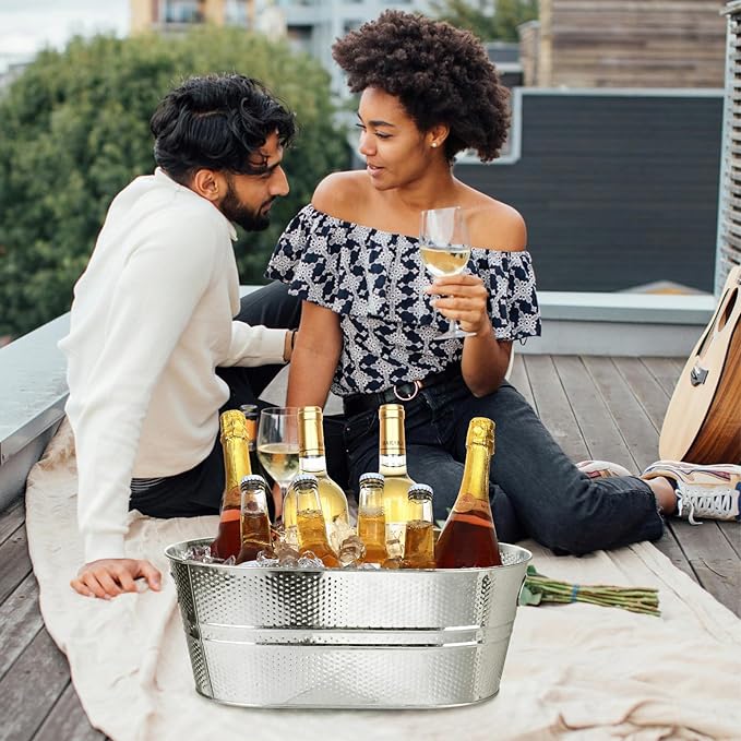 Ice Buckets for Parties 2 Pcs 3 Gallon Galvanized Beverage Metal Tub Hammered Texture Champagne Drink Wine Large Ice Bucket with Scoops for Cocktail Mimosa Bar Supplies