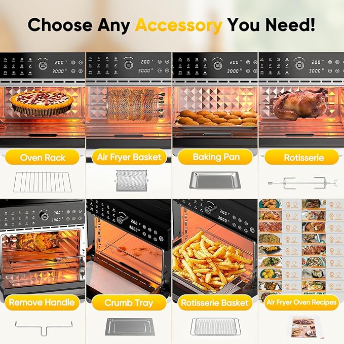 32QT Extra Large Air Fryer, Toaster Oven Air Fryer Combo, 360°Hot Air Circulation for Healthier Food, 1800W Preset Dual Cook, 13"Pizza Cooking, 20-in-1 Double-Rack Oven, 7-Accessory, Transparent Door