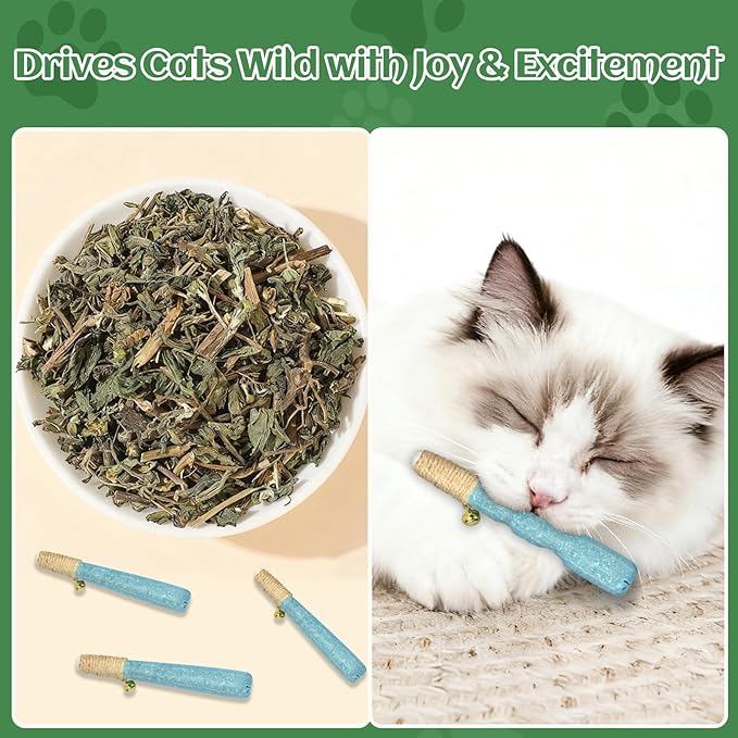 4 Pack Hand-Rolled Catnip Sticks with Chew Rope & Bell -Shaped Cat Toys for Indoor Cats and Kicker Toys, Teething Chew and Play Fun (Blue)