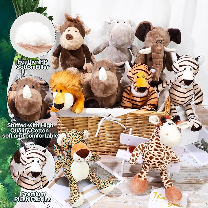HyDren 10 Pcs Safari Stuffed Animals Plush Jungle Animal Toys for Girls Boys, Elephant Giraffe Lion Tiger Monkey Rhinoceros Zebra White Tiger Leopard Hippo for School Achievement Award