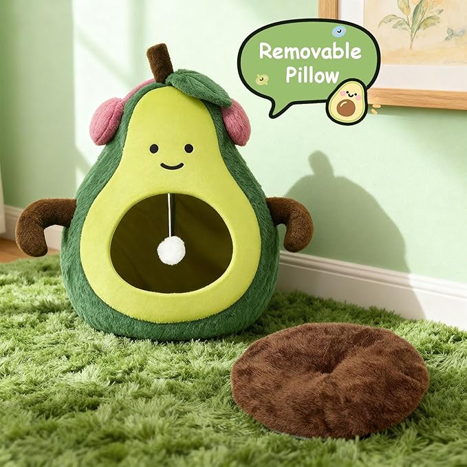 Cute Cat Beds for Indoor Cats, Small Dog Beds, Soft Washable Pet Beds for Kitten and Puppy, Funny Avocado Cat Cave, 19 Inches