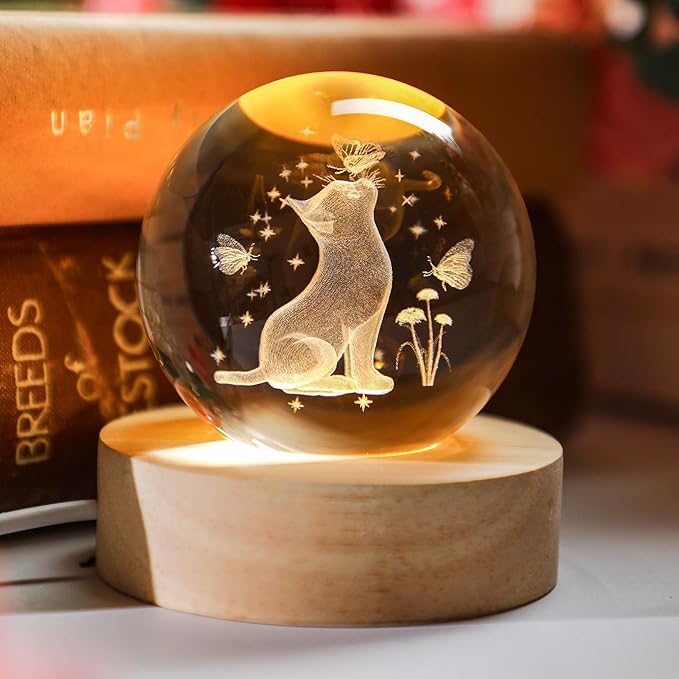YU FENG 3D Carved Cat Crystal Ball with Luminous Base for Cat Lovers 2.36 Inches