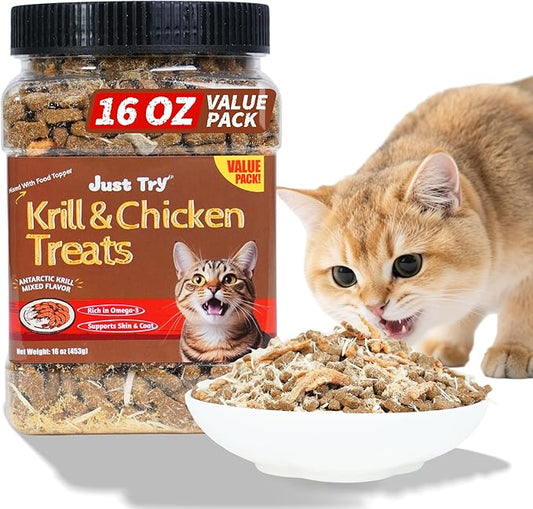 Just Try 16 OZ Krill & Chicken Cat Treats - Freeze-Dried Shrimp Snacks with Omega-3, Crunchy Cat Treats for Skin & Coat Health, Dental Care & Training Treats