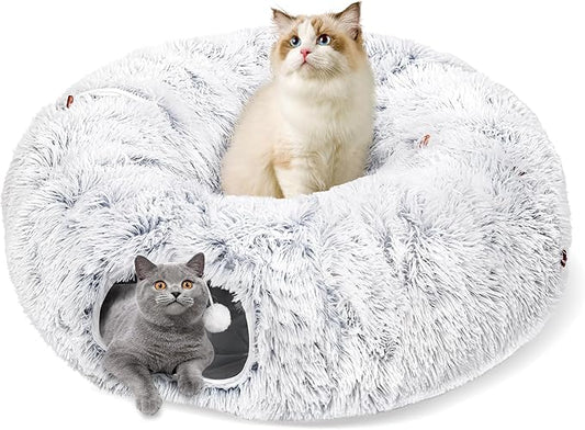 Cat Tunnel Bed for Indoor Cats, Peekaboo Cat Cave with Washable Soft Play Mat, Furry Cat Tube, for Kitten/Puppy/Rabbit, Grey