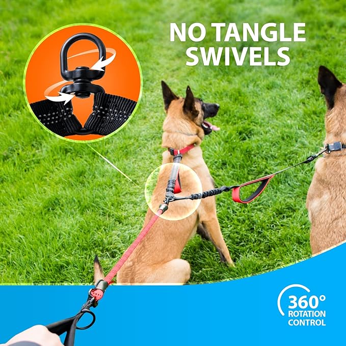 SparklyPets Double Dog Leash for 2 Dogs – Rope Bungee Dual Leash for Medium and Large Breeds with Padded Handles & Tangle Free (Red, Medium/Large)