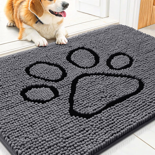 Smiry Dog Door Mat for Muddy Paws, Absorbent Dirt Trapper Non Slip Quick Dry Washable Chenille Mat for Mud Dogs, Entry Rug for Indoor and Outdoor (30x20 Inches, Dark Grey and Black)