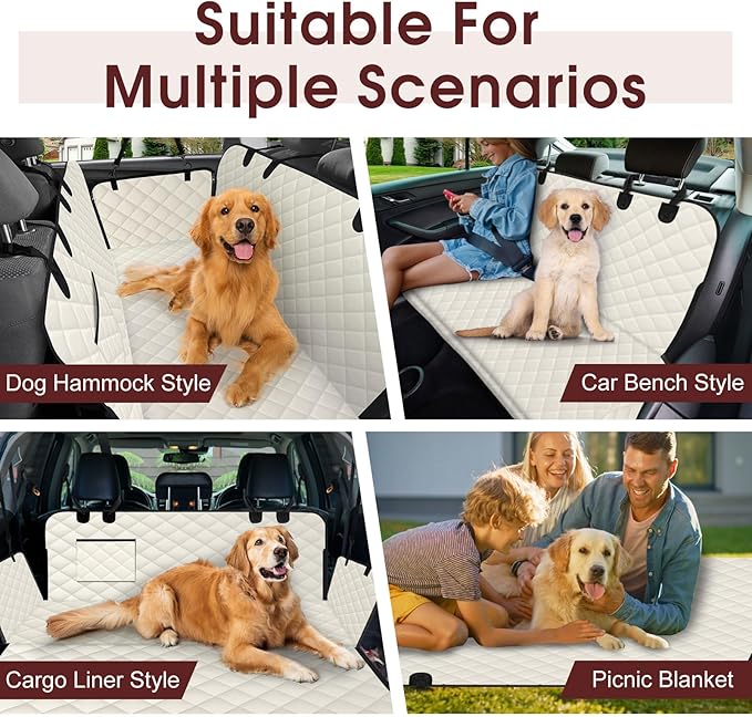 Dog Car Seat Cover, Durable Waterproof Scratch Proof Nonslip Dog Hammock, Pet Back Seat Covers with Pocket for Cars SUVs and Trucks - L, Beige/Black