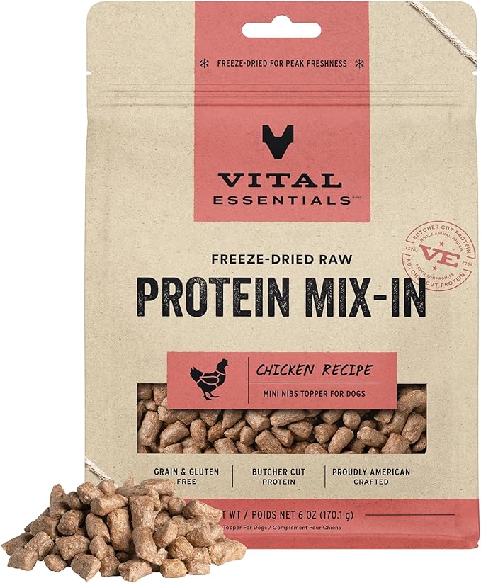 Vital Essentials Freeze Dried Raw Protein Mix-in Dog Food Topper, Chicken Mini Nibs Topper for Dogs, 6 oz