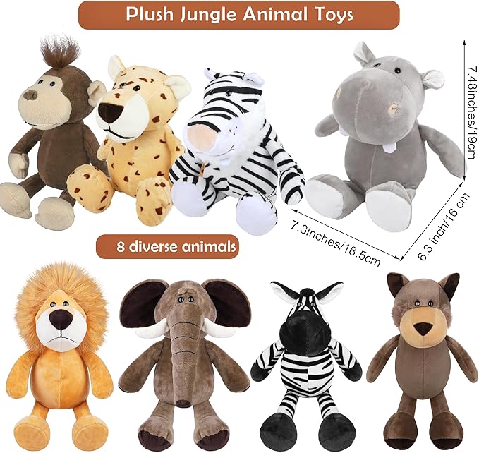 Elcoho 8 Pieces Safari Stuffed Animals Plush Jungle Animal Toys 9.8 Inch Zoo Stuffed Animals Set Cute Plush Toys for Animal Themed Parties Teacher Student Award, 8 Styles
