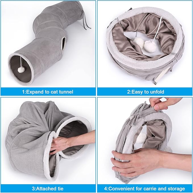 Ownpets Cat Tunnel 48 inch Long S-Shape Collapsible Cat Play Tunnel with Interactive Feather Wand Large Pet Tunnel Tube Toy for Cat Kitten Kitty Puppy Rabbit