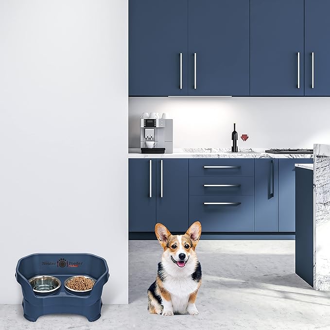 Neater Pet Brands Neater Feeder Deluxe Mess Proof Dog Bowls Elevated for Medium Dogs 19-40 lbs, Made in USA, No Spill Raised Dog Food Bowl Stand Feeding Station, Food and Water Bowl Set, Dark Blue