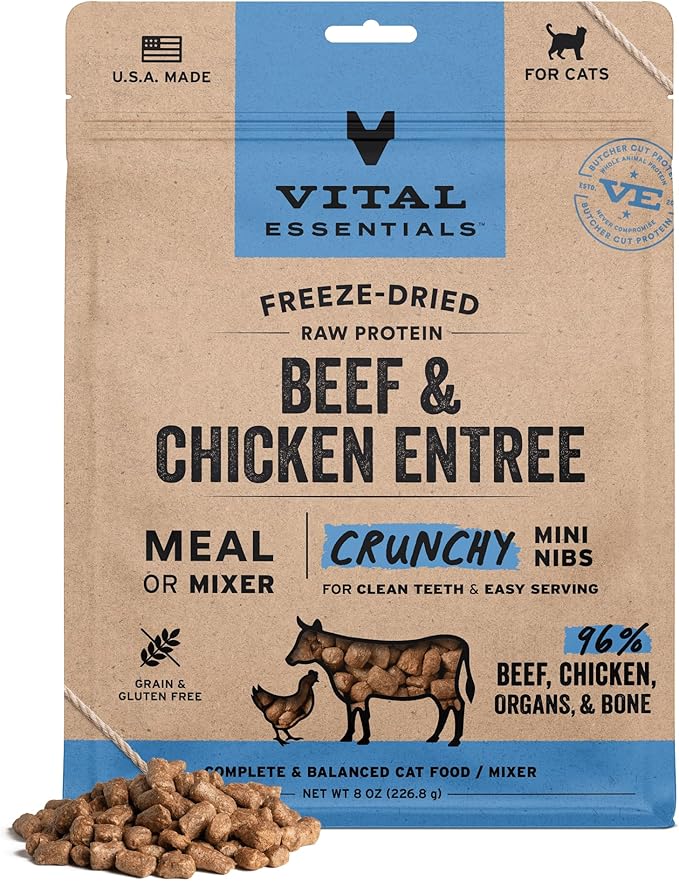 Vital Essentials Freeze-Dried Raw Beef & Chicken Meal or Mixer Cat Food Crunchy Nibs, 8 oz