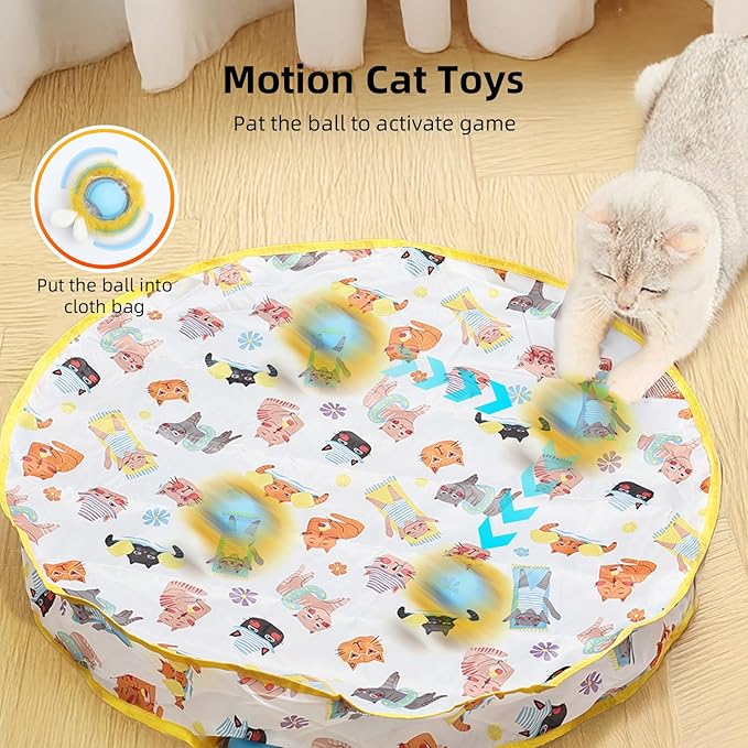 Interactive Cat Toy Ball, Automatic Moving Cat Ball in Pouch,Interactive Cat Toys for Indoor Cats,Motion Activate Cat Toy Hide and Seek Mouse Catching Game , Play Mat for Cats (Round-Yellow)