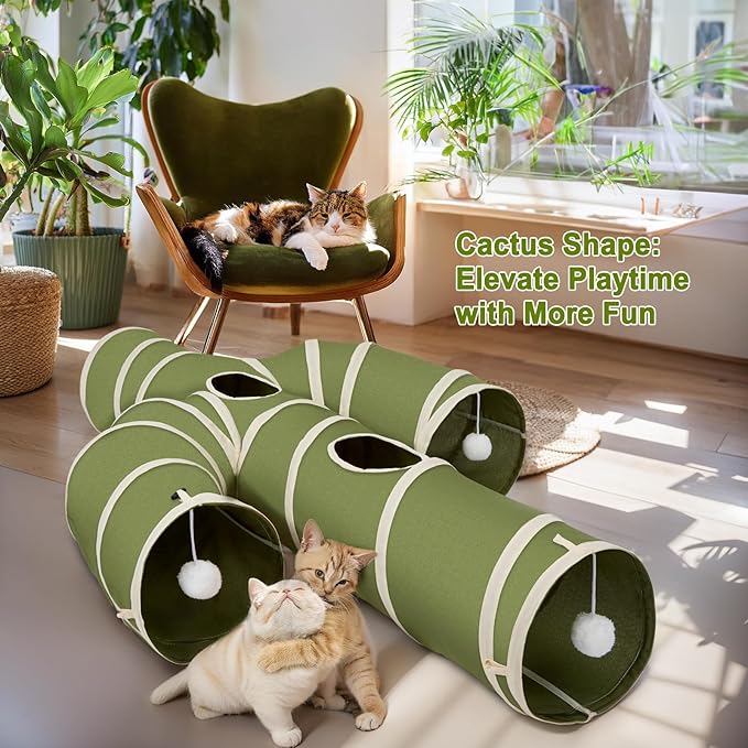 Ownpets Cat Tunnel Cactus-Shaped, Sturdy Oxford Fabric Collapsible Cat Tunnels for Indoor Cats,Interactive Peek Hole Pet Tunnel Tube with Cat Wand Toy, Green