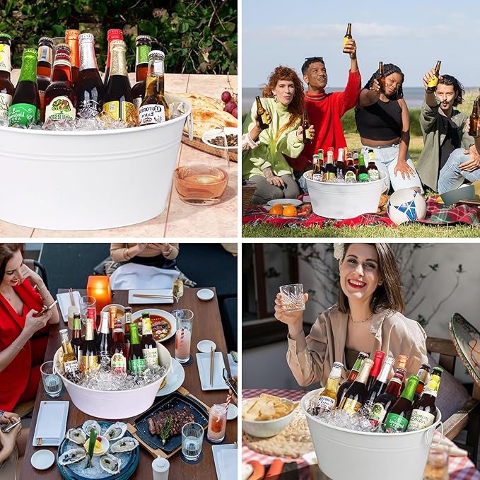 Ice Bucket, Oval Beverage Tub, Galvanized Bucket and drink Cooler for Parties, Ice Tub with Handles for Beer Sparkling Whisky Wine Cocktails (3.5gal) (White)