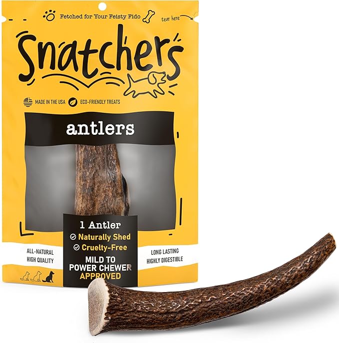 Snatchers Elk Antlers for Dogs – Long Lasting Dog Chews and Dog Toys for Aggressive Chewers, Naturally Shed Deer Antlers for Dogs Processed in The USA, No Additives (Large, 7-8", 1 Count)