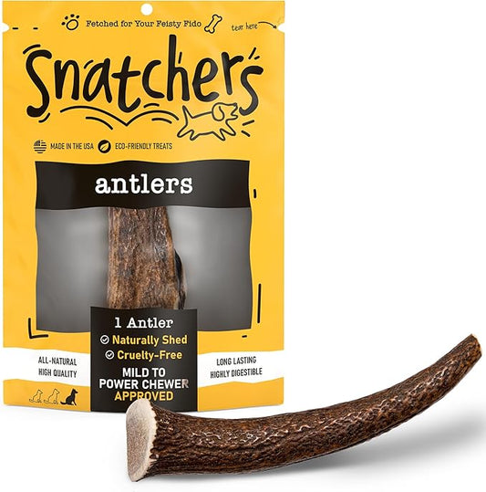 Snatchers Elk Antlers for Dogs – Long Lasting Dog Chews and Dog Toys for Aggressive Chewers, Naturally Shed Deer Antlers for Dogs Processed in The USA, No Additives (Large, 7-8", 1 Count)