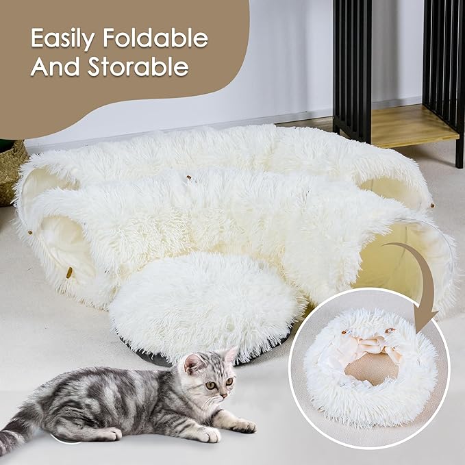Cat Tunnel Bed for Indoor Cats, Peekaboo Cat Cave with Washable Soft Play Mat, Furry Cat Tube, for Kitten/Puppy/Rabbit, Beige
