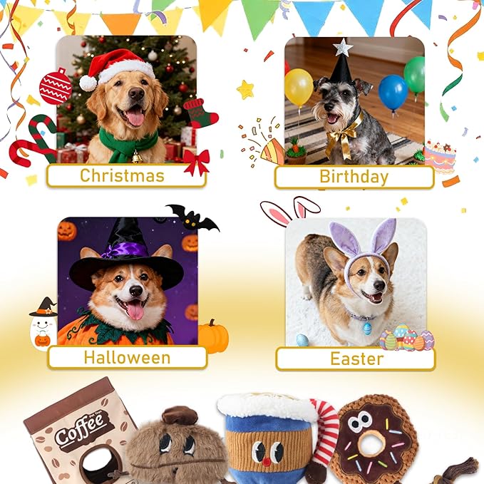 Squeaky Dog Toys Coffee Bag Set - Chew-Proof 4-in-1 Hide & Seek Tug Plush Toy with 3 Chew Toys (Bean/Cup/Donut) to Keep Them Busy, Best Birthday Gift for Small Medium Large Dogs