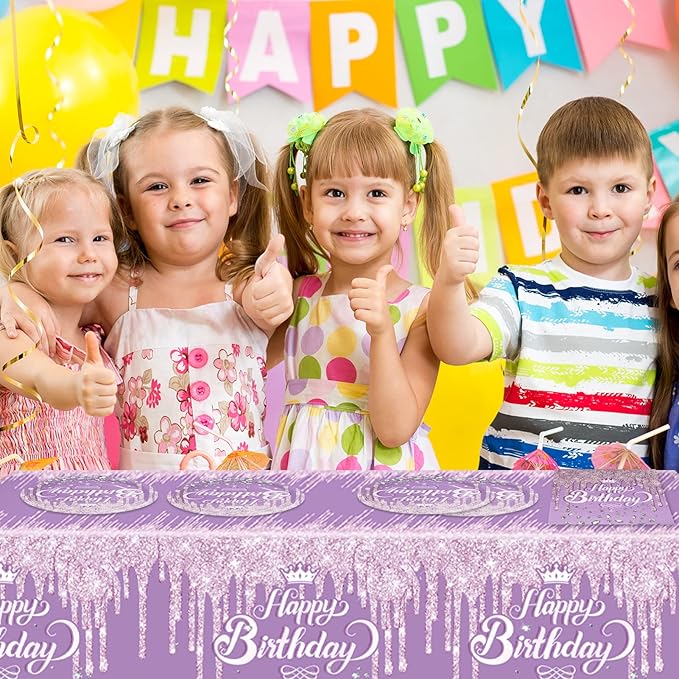 41Pcs Purple Birthday Tableware Set for Happy Birthday Table Decorations Purple Theme Birthday Dessert Plates Napkins Tablecloths for 20 Guests Girls Women Silver Glitter Birthday Party Supplies