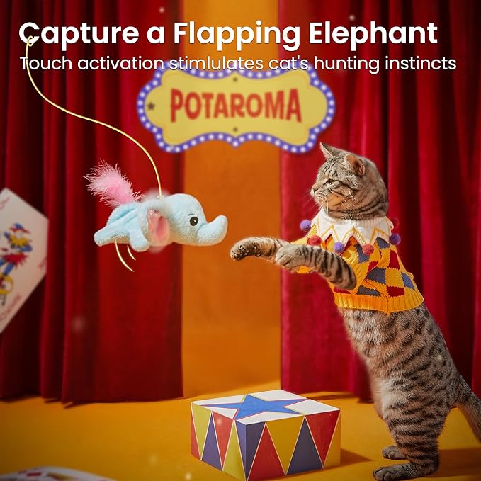 Potaroma Cat Toys Flapping Elephant, Interactive Realistic Kitten Toy Stuffed with Catnip and Crinkle Paper Hangable Design for Bored Indoor Cats 6.3 Inches