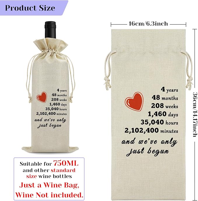 4th Anniversary Wine Bag for Him Her Four Years Anniversary Wedding Gift for Husband Wife 4 Years Dating Anniversary for Men Women 4 Years of Marriage Gift Birthday Christmas Gift Wine Gift Bag