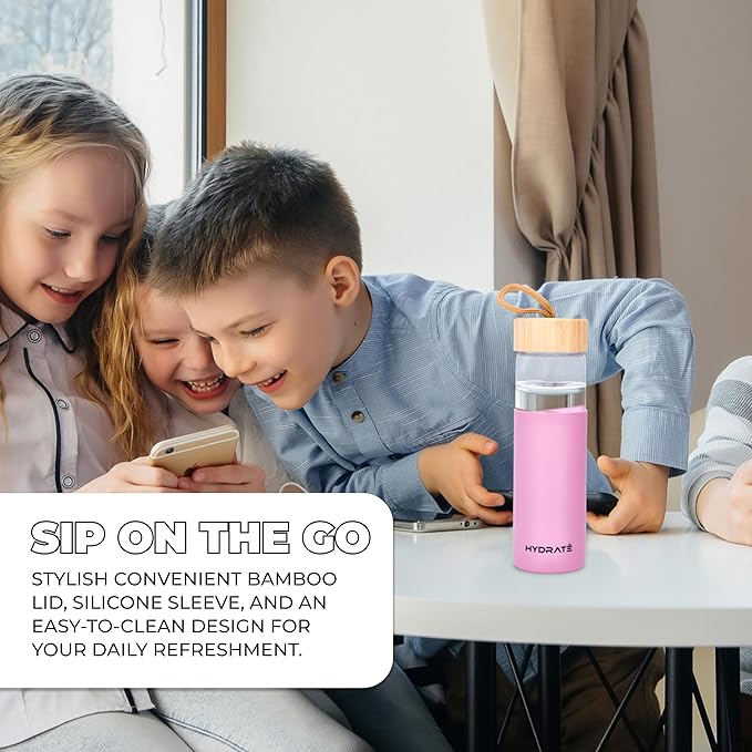 HYDRATE Glass Water Bottles 25 oz - Gym Drinking Bottles with Slip Resistant Silicone Sleeve and Leak Proof Bamboo Lid - Clear Sports Bottle Made of Borosilicate Glass - 10 x 3 inches - Pink