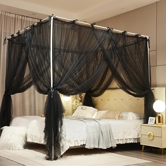 4 Corners Post Princess Curtain Bed Canopy Lace Up Double Layer 4 Opening Mosquito Net Mesh for Girls Bedroom Decoration(Black, 53" W*78" L*82" H/Full)