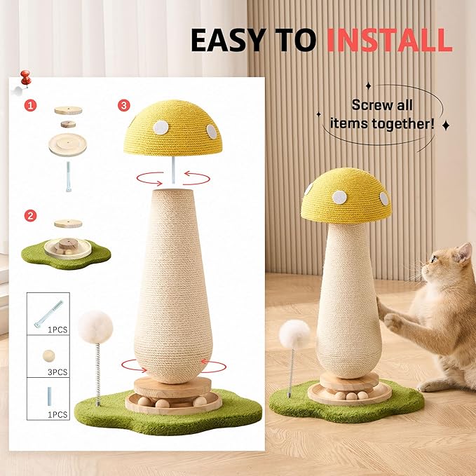 Mushroom Cat Scratching Post Cat Tree, 21.5‘’ H Cute Cat Scratcher Tower with Durable Solid Wood Turntable Toy, Lemon Yellow Mushroom Scratch Post Cat Sisal Scratcher with Catnip for Indoor Cats