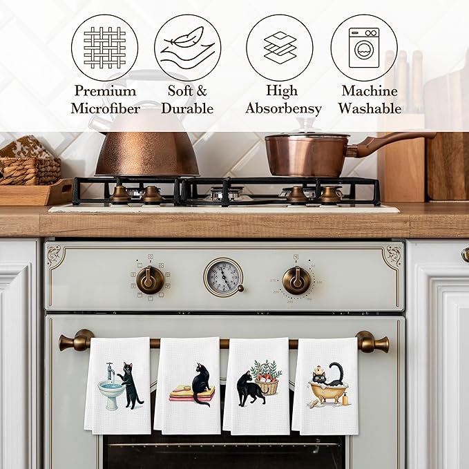 DETIHO Black Cat Hand Towel, Cat Dish Towels Decorative Set 16x24 Inches Set of 4, Towels for Kitchen, Bathroom