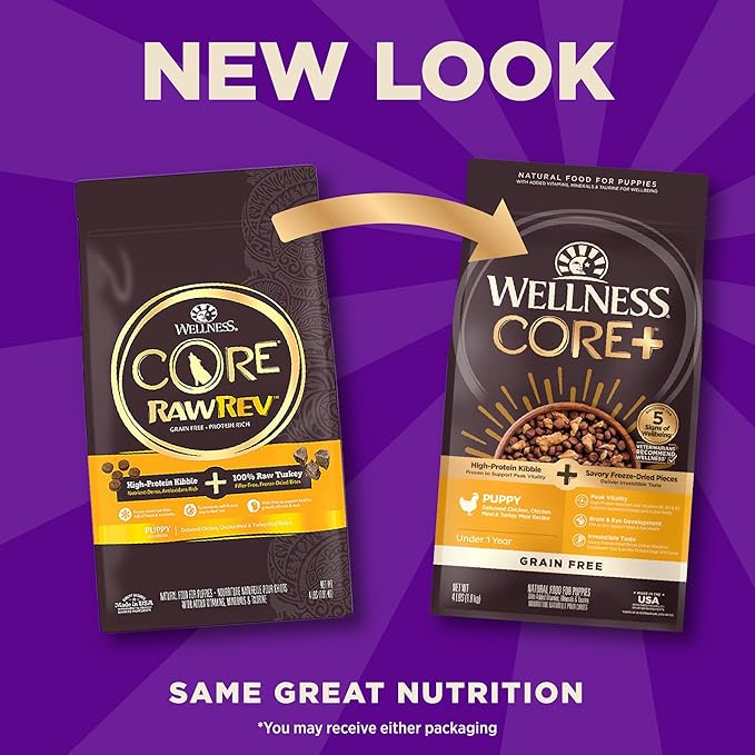 Wellness CORE+ Puppy Dry Dog Food with Freeze Dried Pieces, Grain Free, High Protein, Natural, Chicken & Turkey Recipe, (4-Pound Bag)