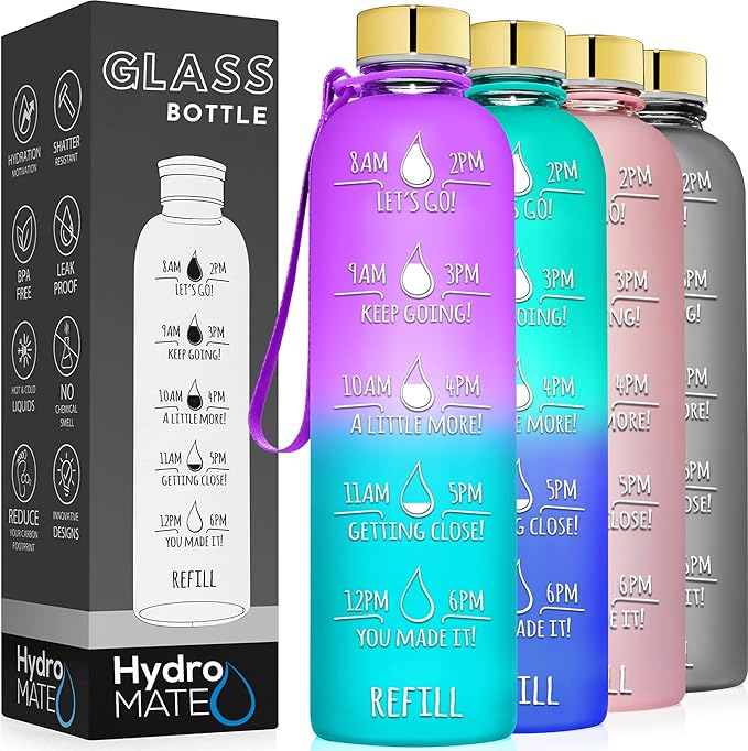 HydroMATE 32 oz Glass Water Bottle with Time Markers Reusable Leakproof Bottle with Hourly Markings 1 Liter