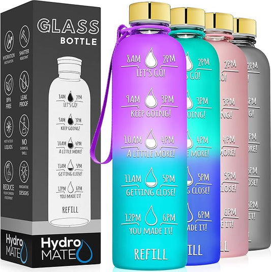 HydroMATE 32 oz Glass Water Bottle with Time Markers Reusable Leakproof Bottle with Hourly Markings 1 Liter