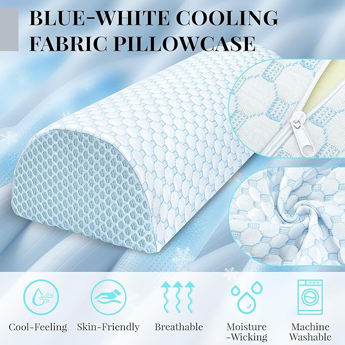 Knee Pillow for Side Sleepers Memory Foam Leg Pillows for Sleeping Yoga Bed Half Moon Bolster Pillow for Neck Pain Relief with Pillowcase 20.5x8x4.5 Inches(Cooling Blue, Standard Size)