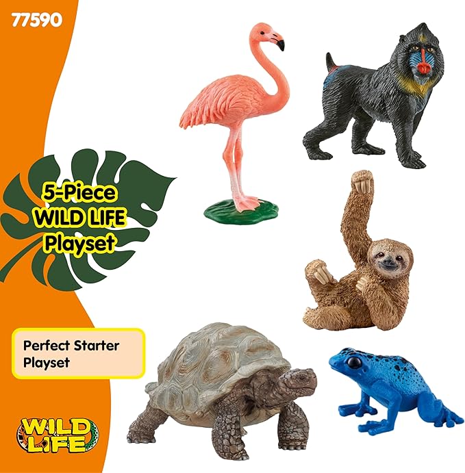 Schleich Wild Life - 5PC Exotic Animal Starter Playset Figurine Bundle - With Flamingo, Sloth, Frog, Giant Tortoise and Monkey Figures for Boys and Girls - Realistic Animal Toys Kids Ages 5+ | 77590