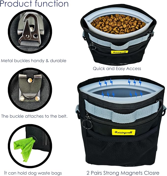 Dog Treat Pouch with Magnetic Closure 4-Cup Silicone Bag Fanny Pack Holder with Clicker 4 Ways to Wear Front Pocket Fits All Phones Ideal for Leash, Pet Walking and Training（Black）