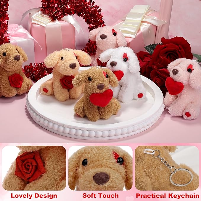Elcoho 16 Pieces 4 Inches Mini Valentine's Day Plush Dogs Stuffed Puppy Dog with Keychain Cute Stuffed Animal Toy Soft Toys Valentine Party Favor for Goodie Bag Valentine Gifts, 8 Styles