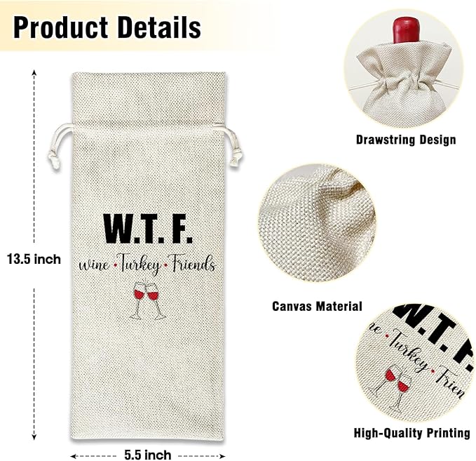 Wine Canvas Bag, Friendsgiving Wine Gift Bag, Thanksgiving Gifts for Women Friend Sister Autumn Harvest Party Wine Bags for Wine Bottles, Wine Gifts With Drawstring Holiday Fall Party Decoration -WB36