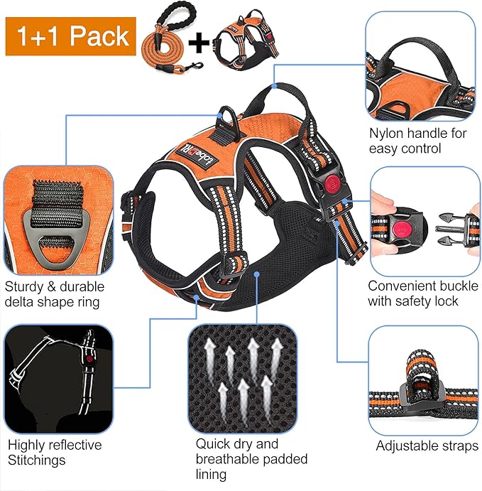 No Pull Dog Harness Adjustable Reflective Oxford Easy Control Medium Large Dog Harness with A Free Heavy Duty 5ft Dog Leash (S (Neck: 14"-17", Chest: 18.5"-20"), Orange Harness+Leash)
